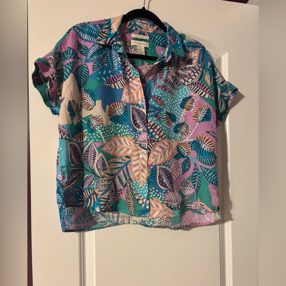 Cynthia Rowley Vibrant Leaf Print 100% Linen Shirt